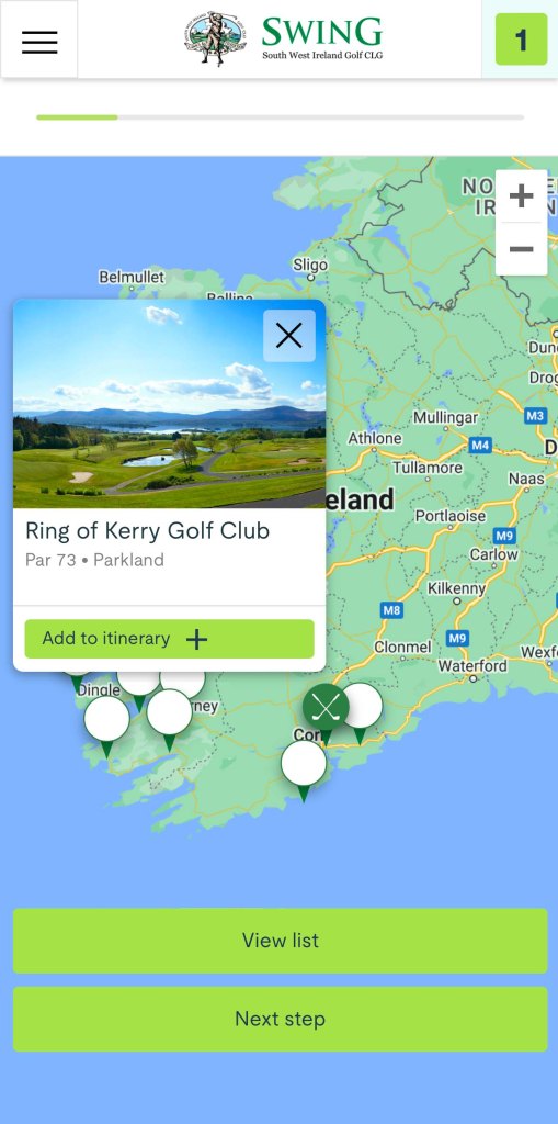 SWING Golf Mobile Web Design Tour Planner Showing Golf Course