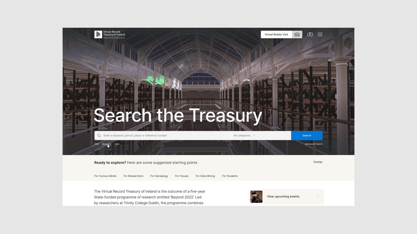 Picture of the Virtual Record Treasury of Ireland homepahe