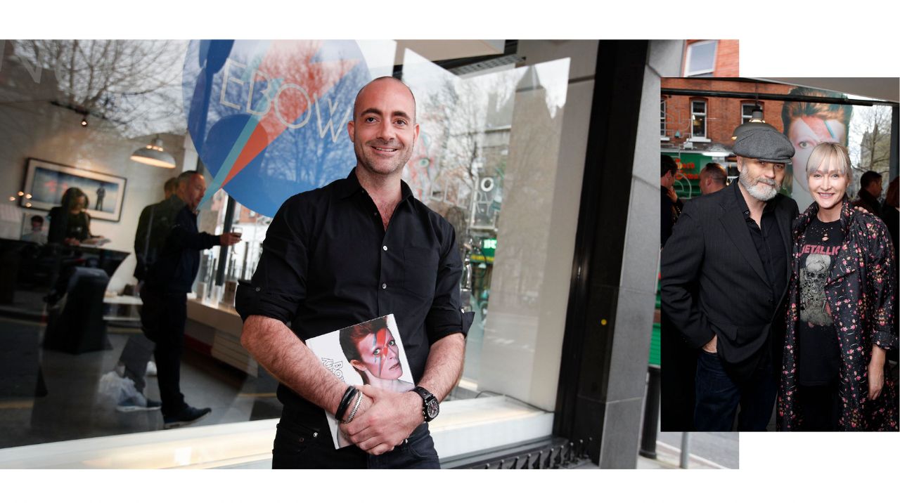 Picture of David Douglas outside the Ebow Gallery alongside a picture of Chris Duffy 