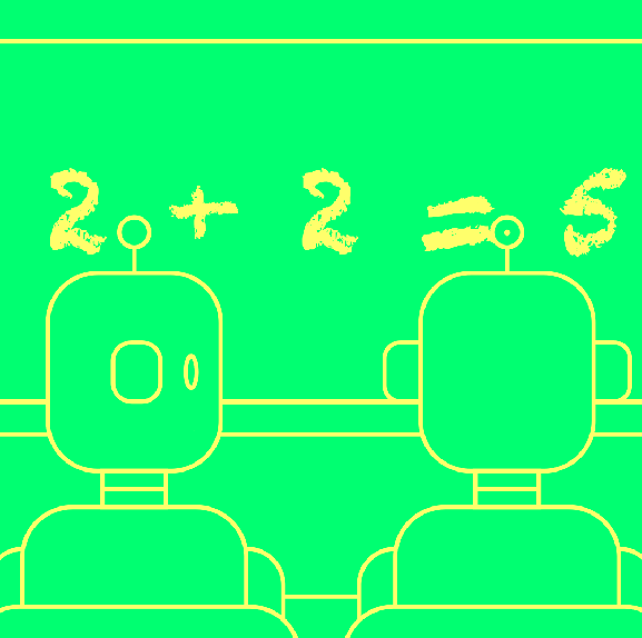 Image of 2 robots in a classroom with 2 + 2 = 5 on the board