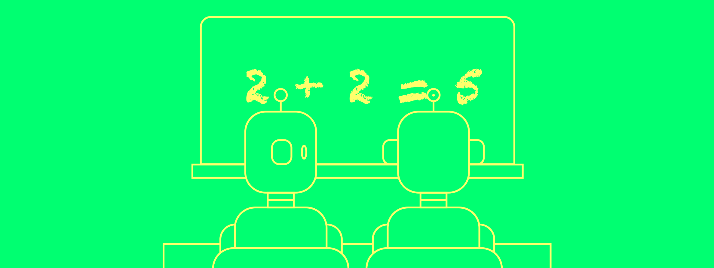 Image of 2 robots in a classroom with 2 + 2 = 5 on the board